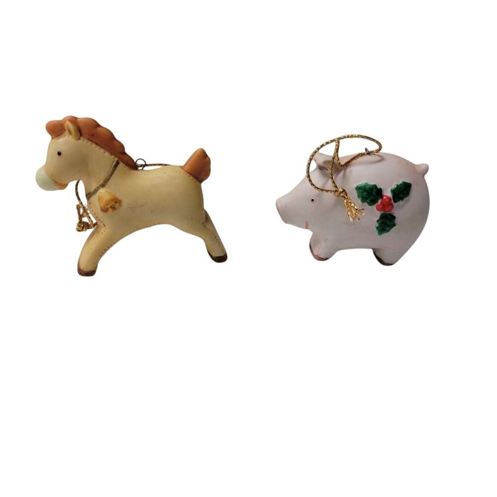Homco Vintage Christmas Ornaments Holly Leaf Pig Donkey Figurine Set